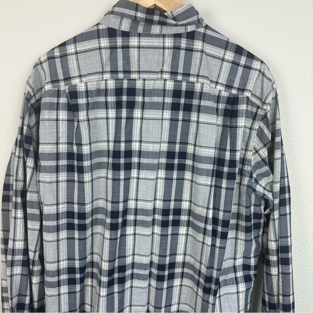 J.Crew Mens XL Plaid Button Down Shirt Navy Blue Grey Tailored 100% Cotton L/S